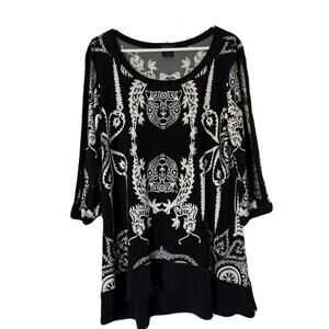 Eva Varro Slit Sleeve Black/White Dragon Tunic Top, Scoop Neck - Size XL